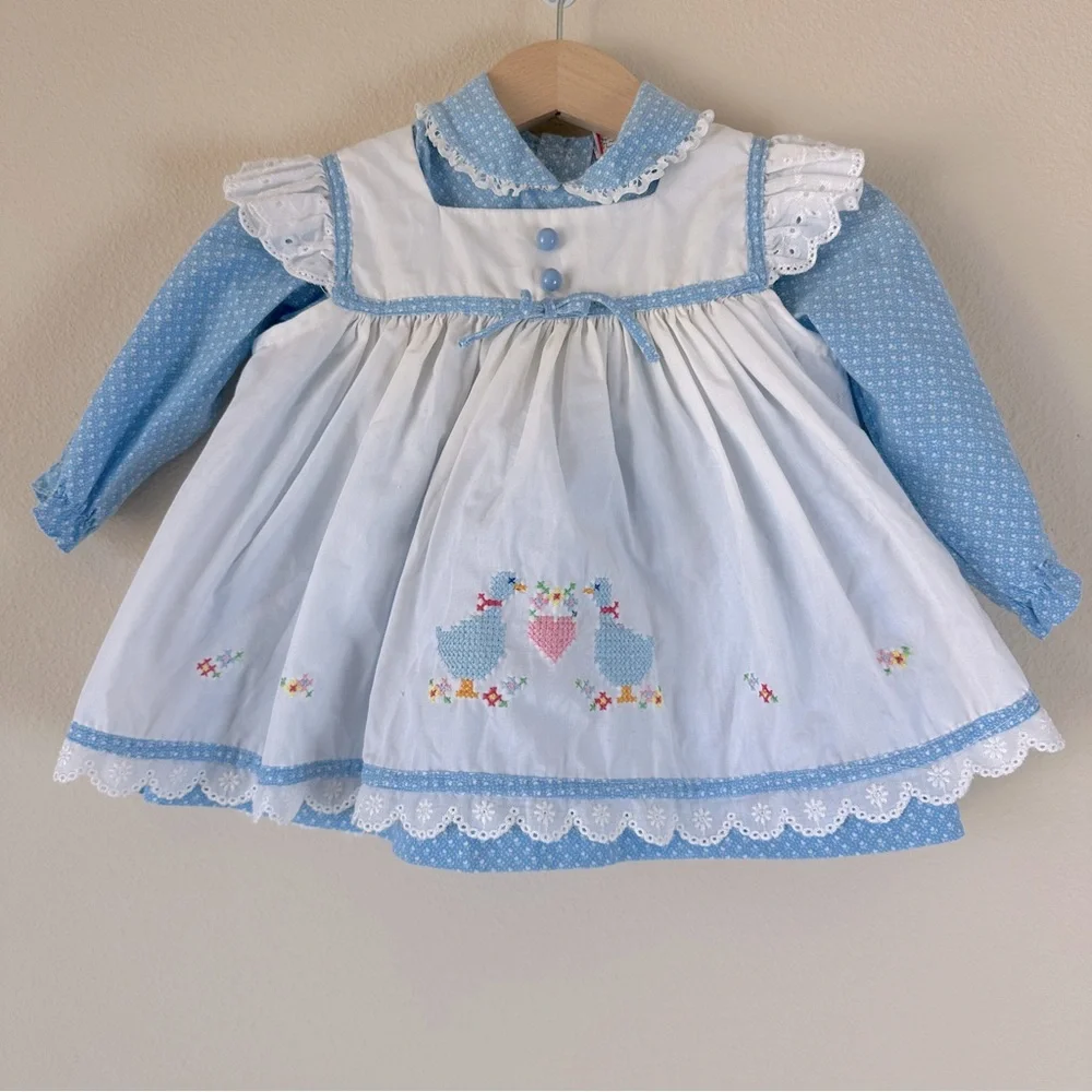 VTG Baby Pinafore Apron Dress with Embroidered Geese Lace Hearts Goose Peter Pan